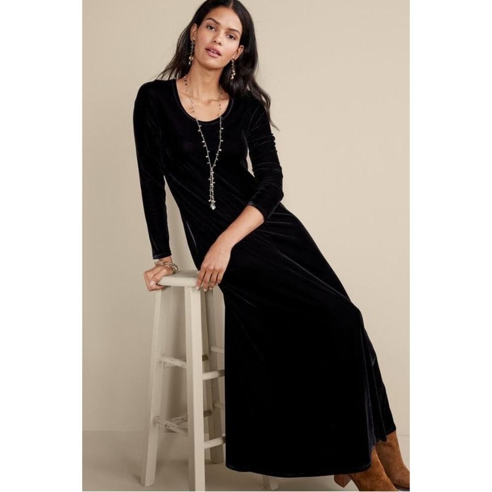 NWT Soft Surroundings Santiago Velvet Maxi Dress Black SP Stretch Long Sleeve